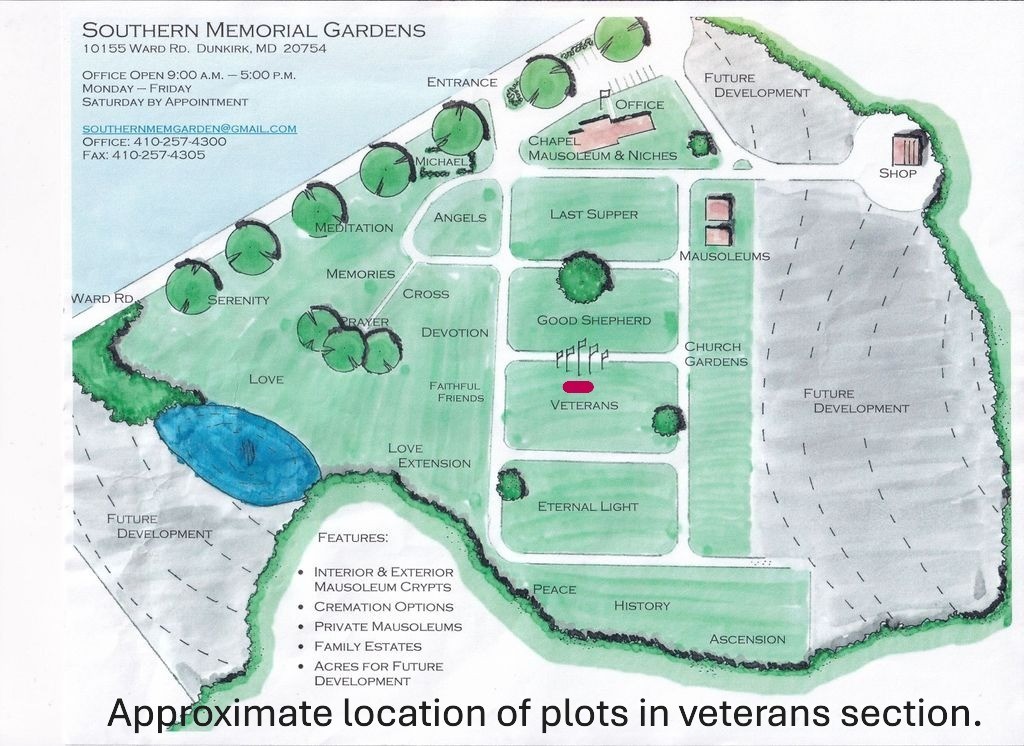 2 cemetery plots, 2 vaults, 1 casket. Southern Memorial Gardens, MD.