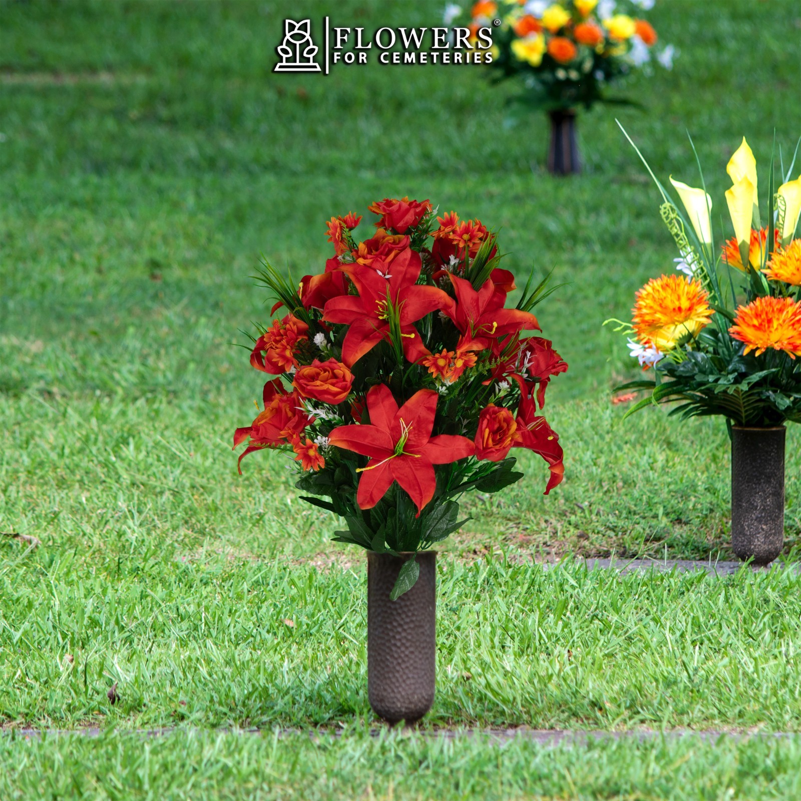 Artificial Cemetery Flowers for Vase – Fire Red Lily, Rose, and Daisies