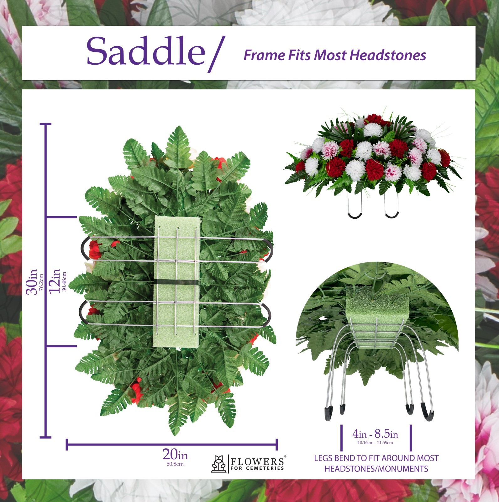 Artificial Cemetery Flowers – 2 Red & White Mums Bouquets, Saddle, and 2 Vases