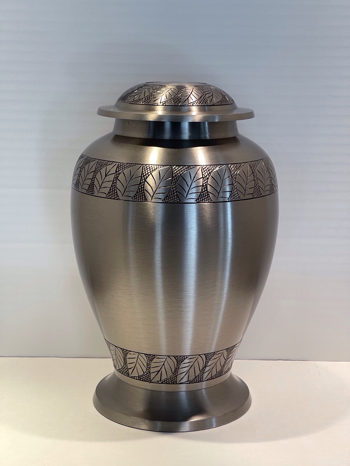 Brass Cremation Urn Pewter Finish Etched Leaf Accents