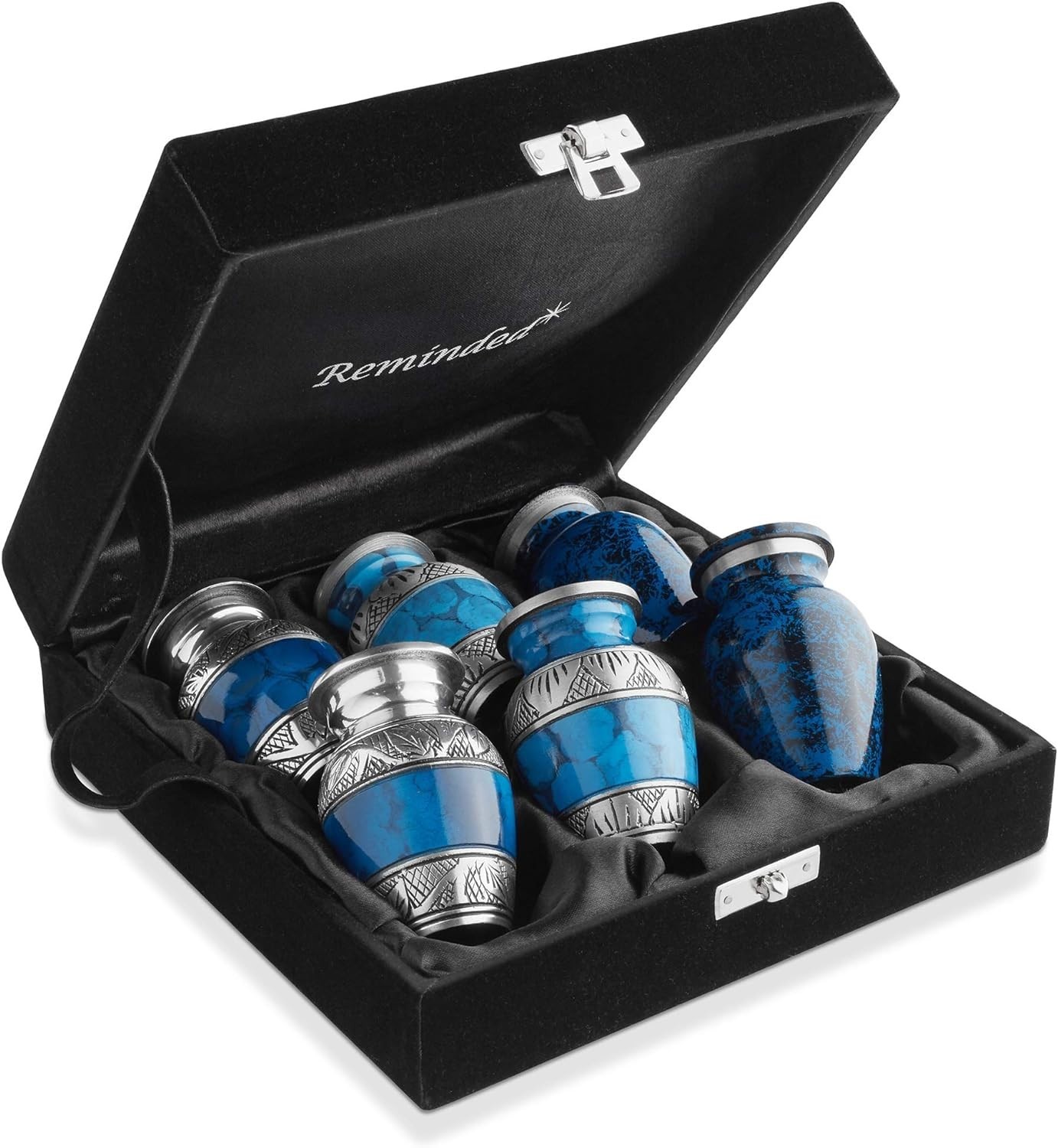Set of 6 Blue and Silver Mini Keepsake Urns with Velvet Case