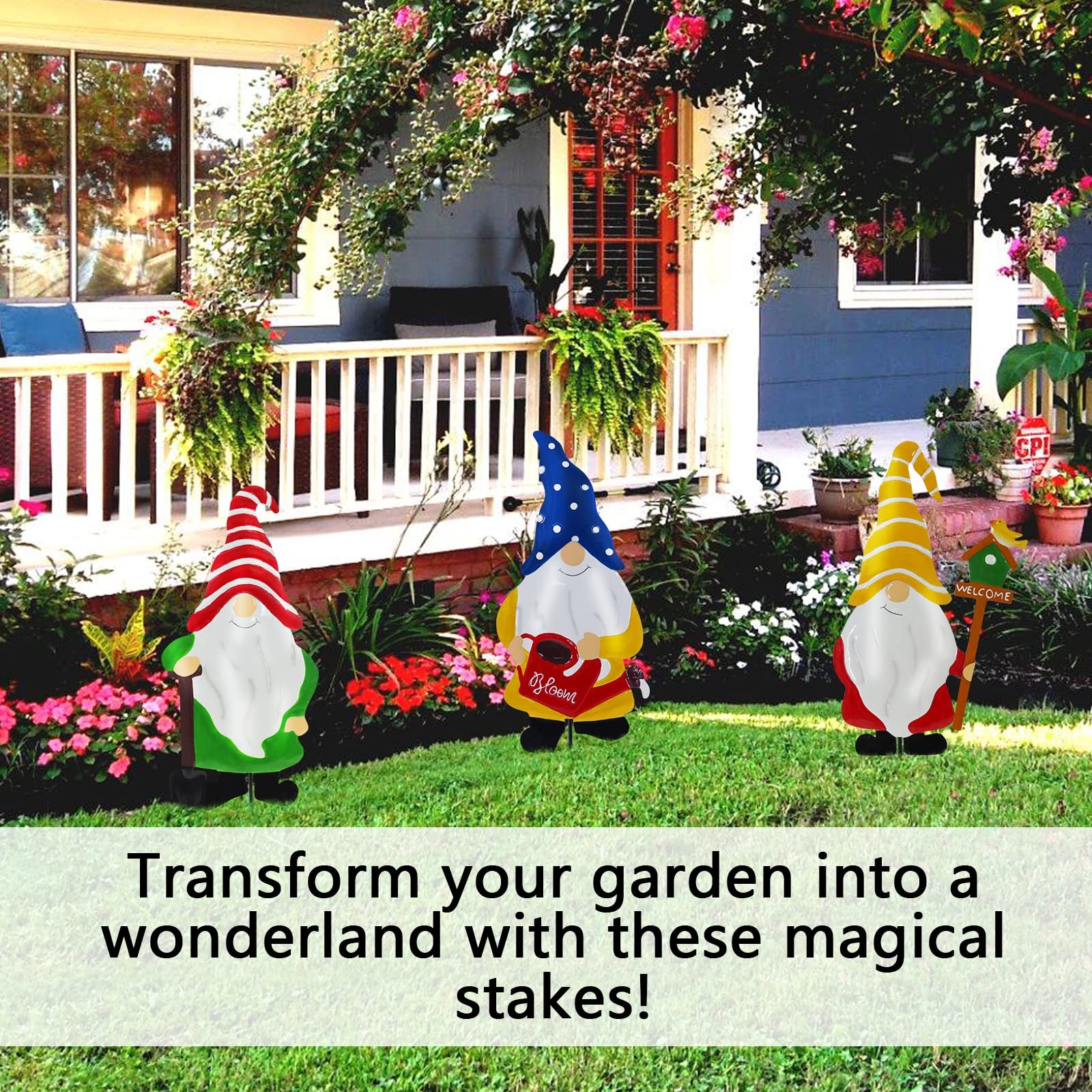 Garden Gnomes Decorative Stakes, 3-Piece Metal Silhouette Elf Decor