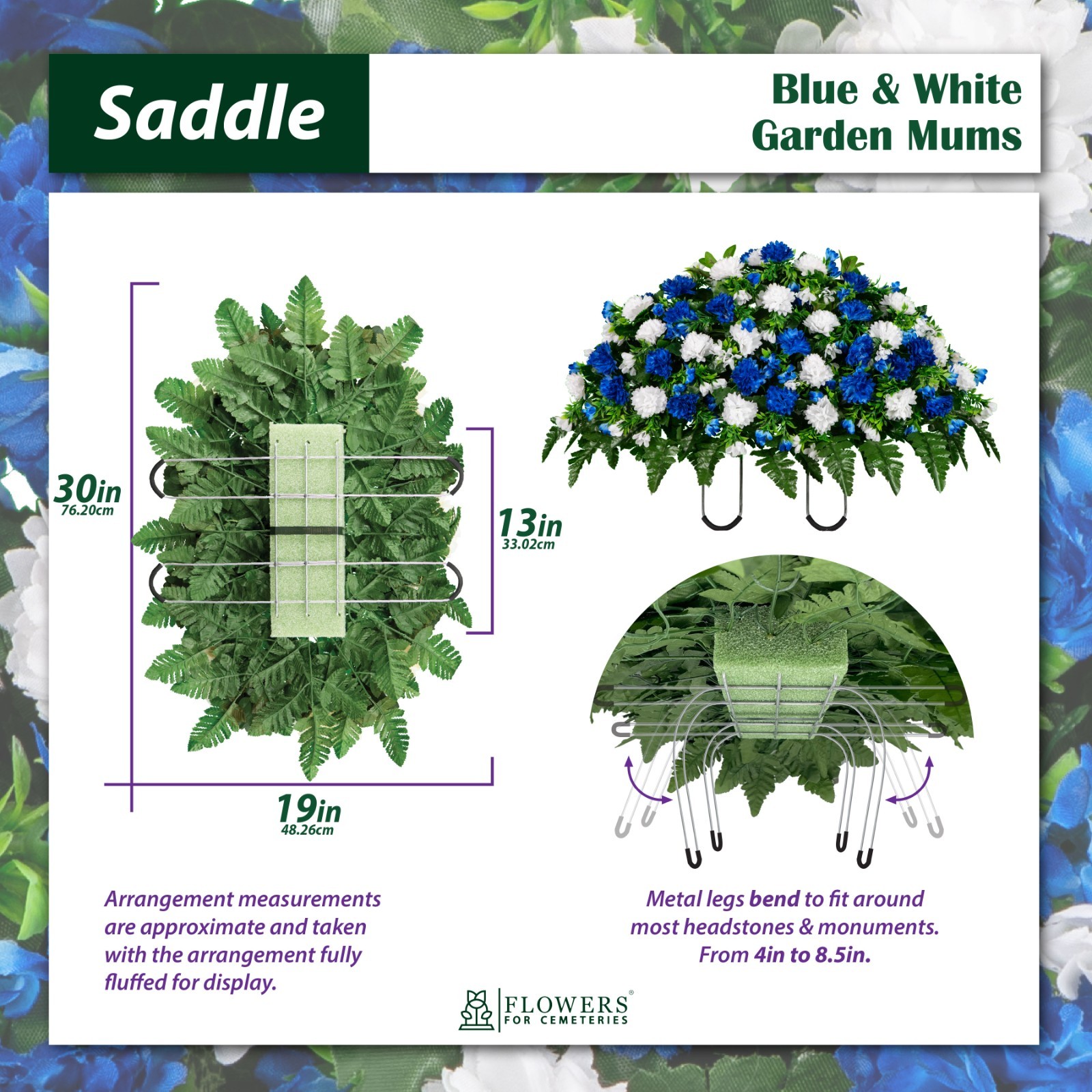 Artificial Gravesite Arrangement – Blue & White Garden Mum Saddle Bouquet & Vase