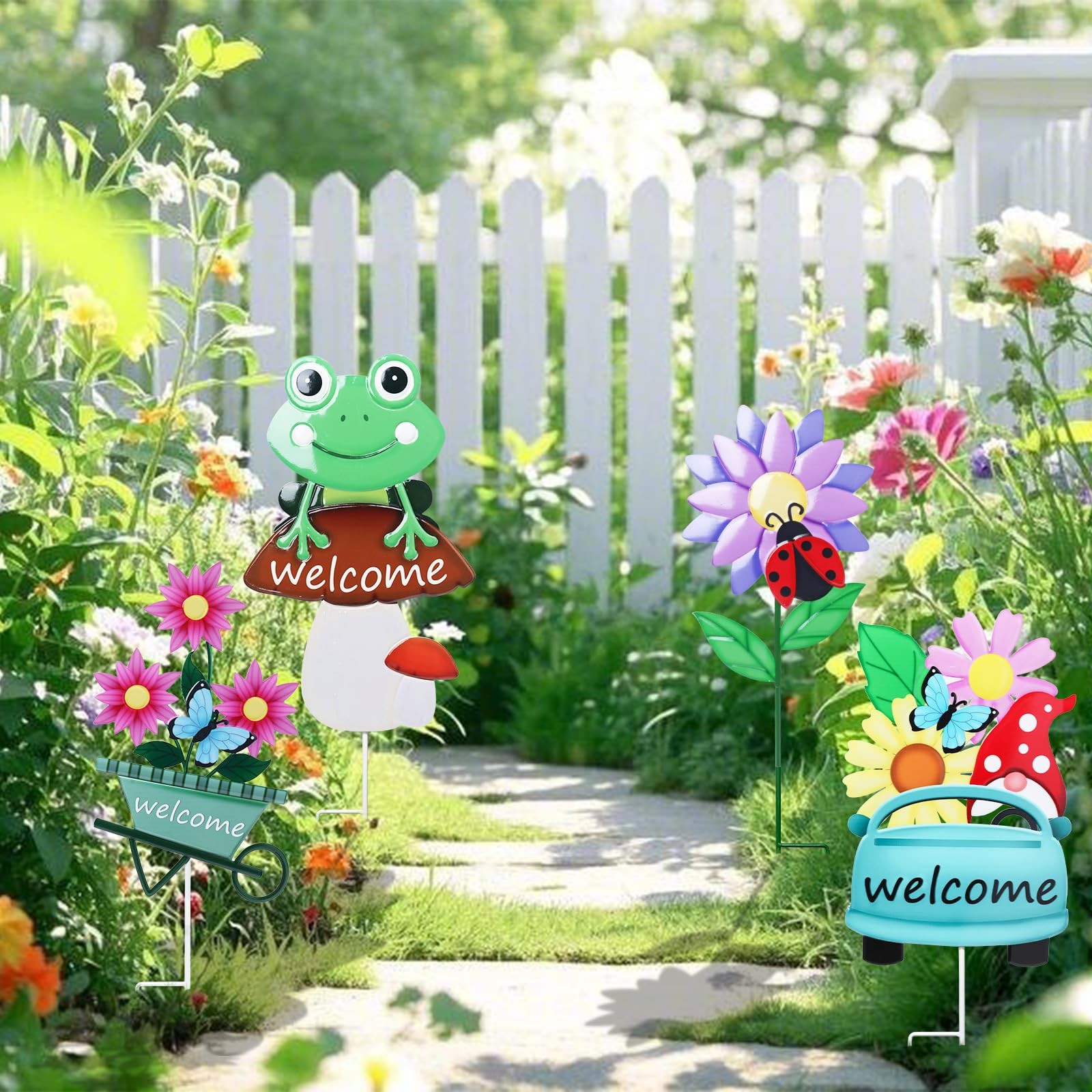 Decorative Garden Stakes Set – 4 Metal Yard Signs for Spring Outdoor Decor