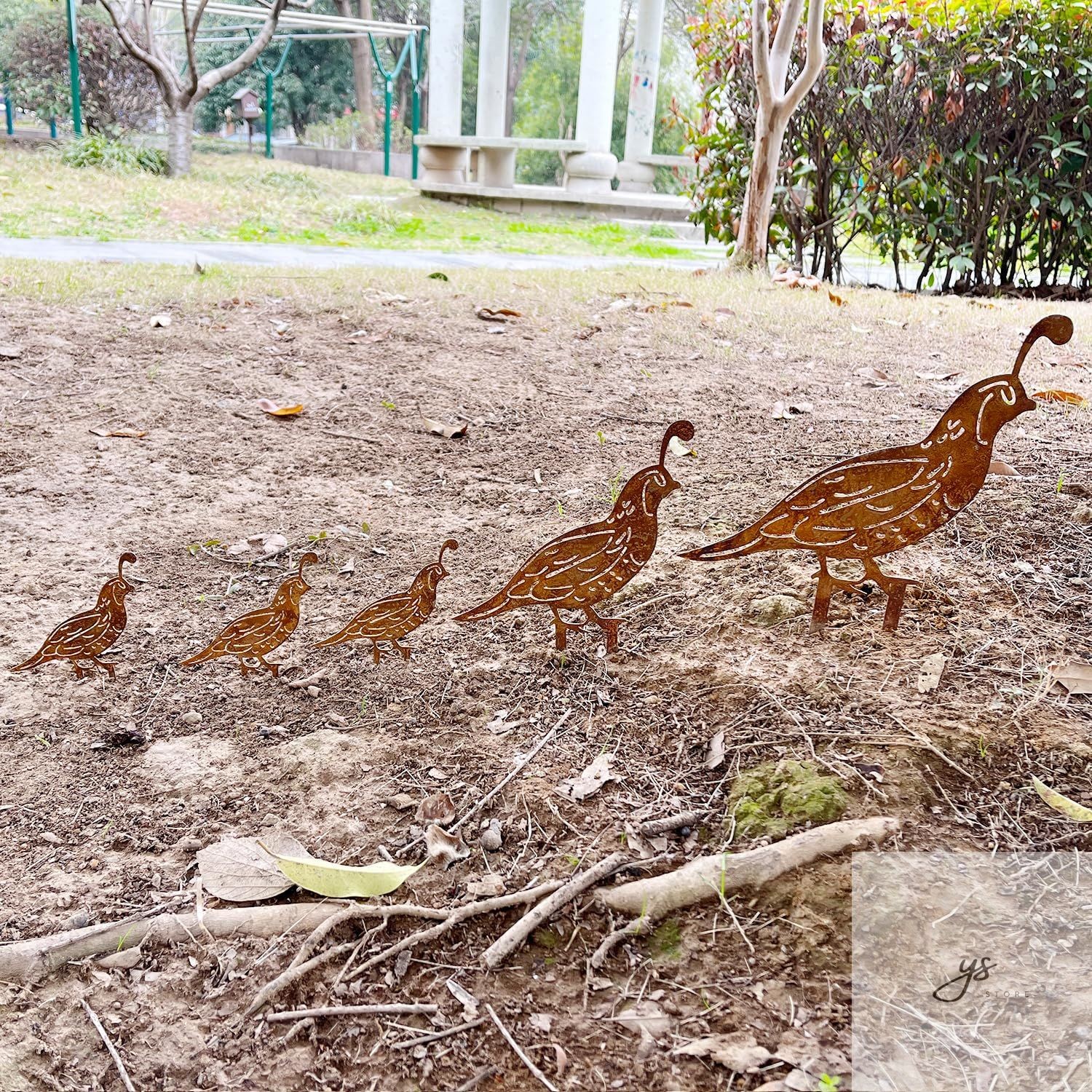 5PCS Rusty Quail Family Decorative Garden Stakes, Metal Birds Yard Decor, Bird