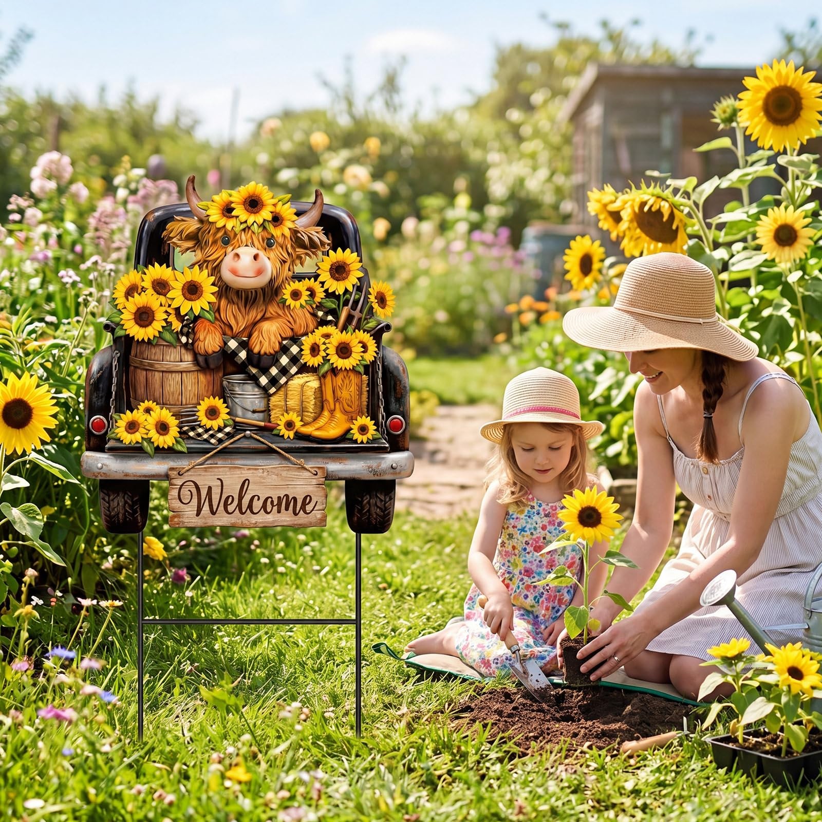 Sunflower Highland Cow Metal Garden Stakes Sunflowers Summer Outdoor Yard Dec…