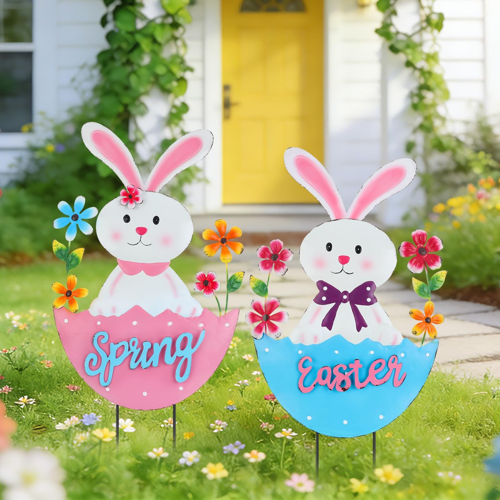 2 Pack Easter Rabbit Outdoor Decor – Spring Bunny Yard Signs with 3D Letters …