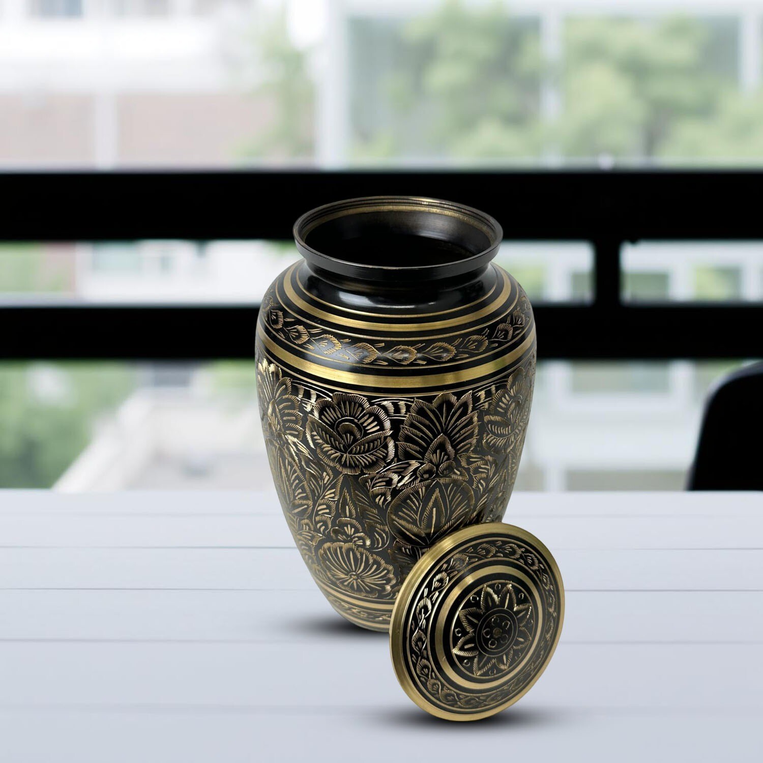 Elegant Solid Brass Black Golden Flower Urns Handcrafted Memorial Urn for Ashes