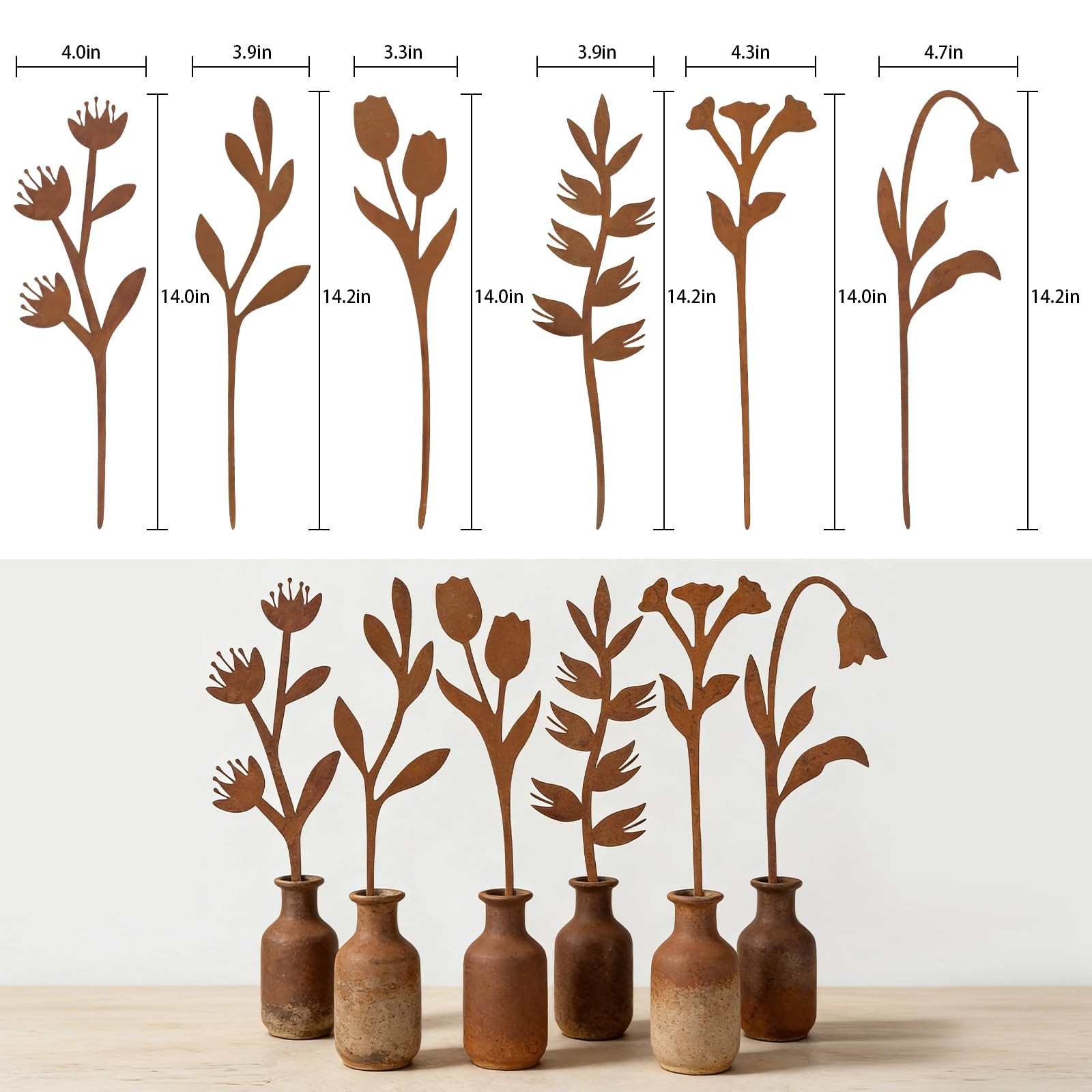 Garden Decor for Outside, 6 Pcs Rusty Metal Flower Garden Stakes with Fern Leaf