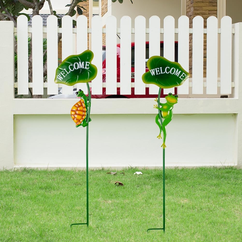 Frog Garden Stakes – Metal Tortoise Yard Art for Outdoor Pathway and Patio