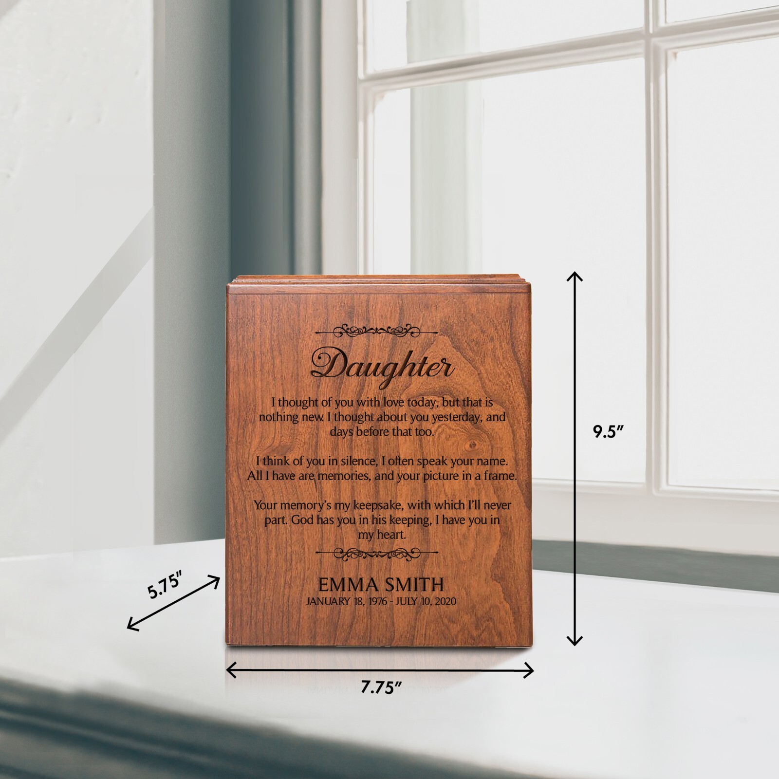 Custom Wooden Economy Urn Box holds 280 cu in of Human Ashes 7.75×5.75 Daughter