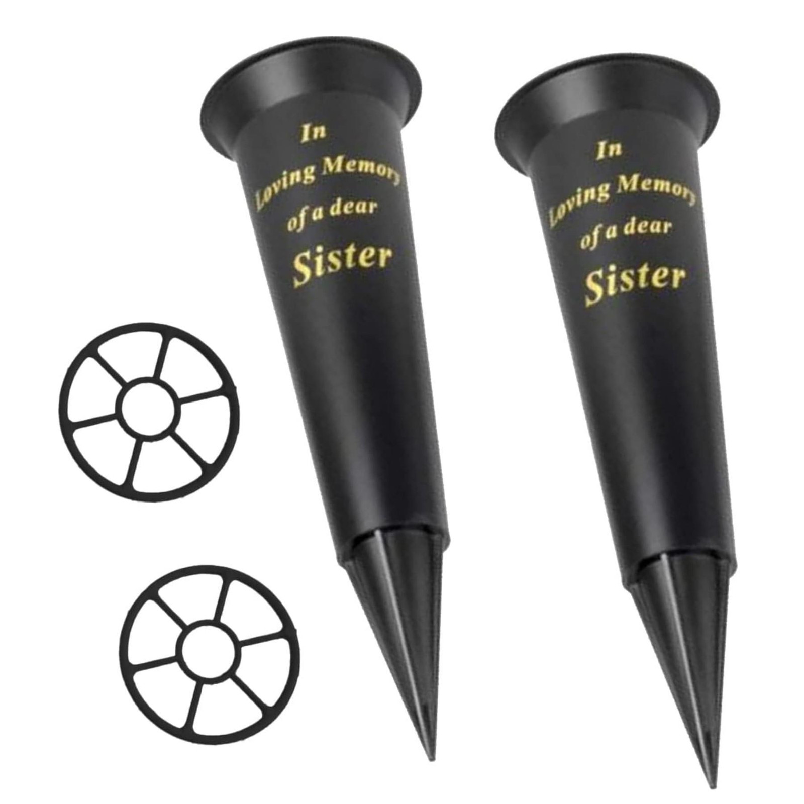 Black Memorial Flower Vase Spike Base with Insert Graveside Set of 2 – Sister