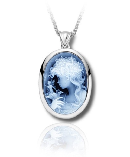 Sterling Silver & Blue Agate Fairy Cameo Funeral Cremation Urn Pendant
