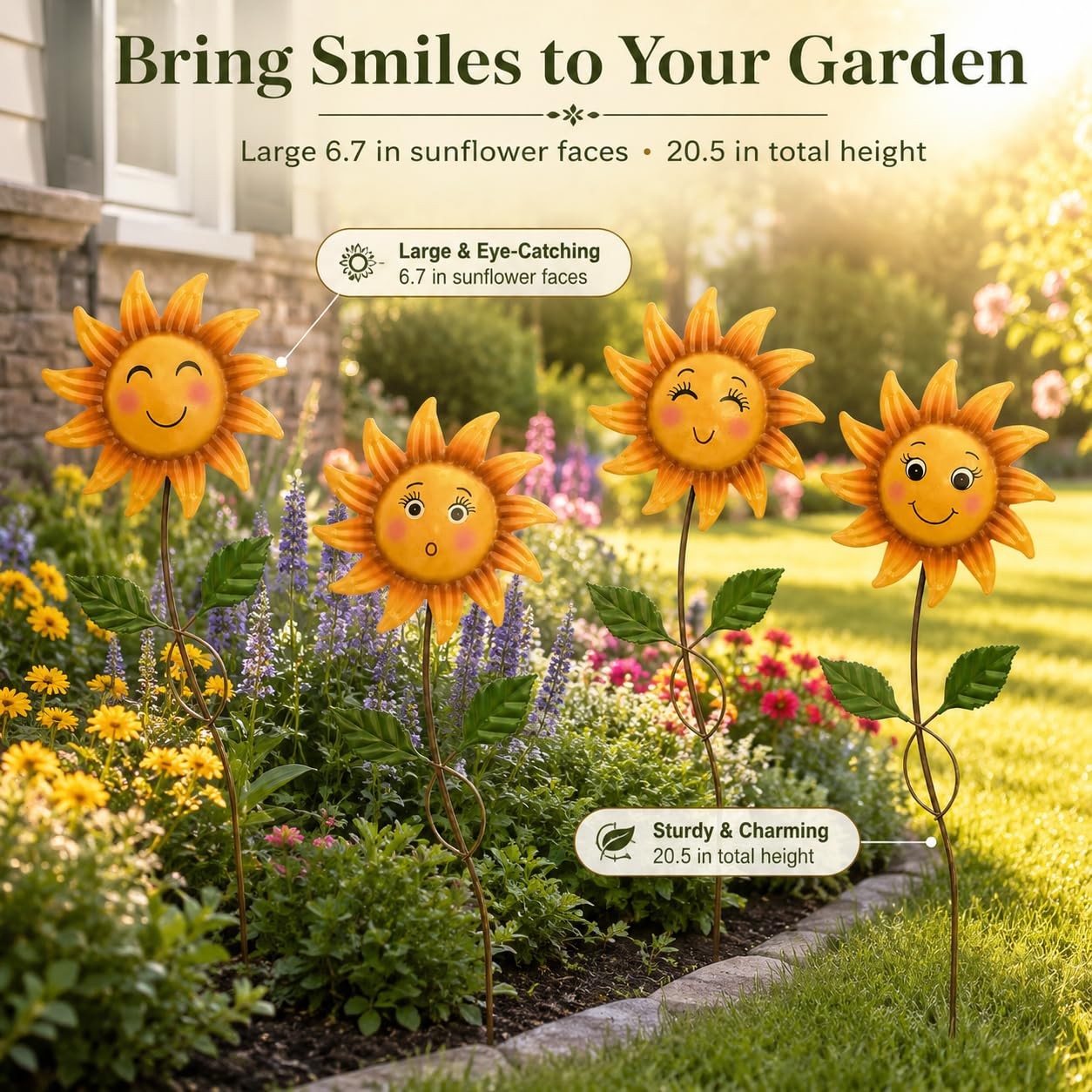 4 Pack Smiley Sunflower Decorative Garden Stakes, 20.5 Inch Metal Flower Gard…