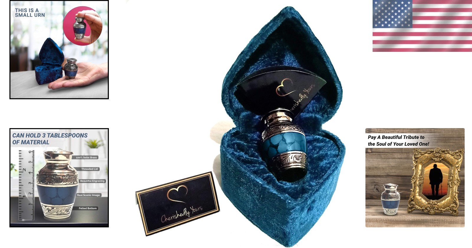 Compact Blue Brass Keepsake Urn with Funnel in Heart Velvet Case – 3 Tablespoons