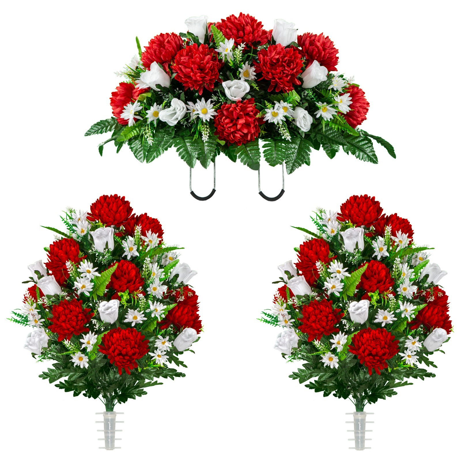 Artificial Cemetery Flowers –2 Red Mum and White Rose Bouquets & Saddle