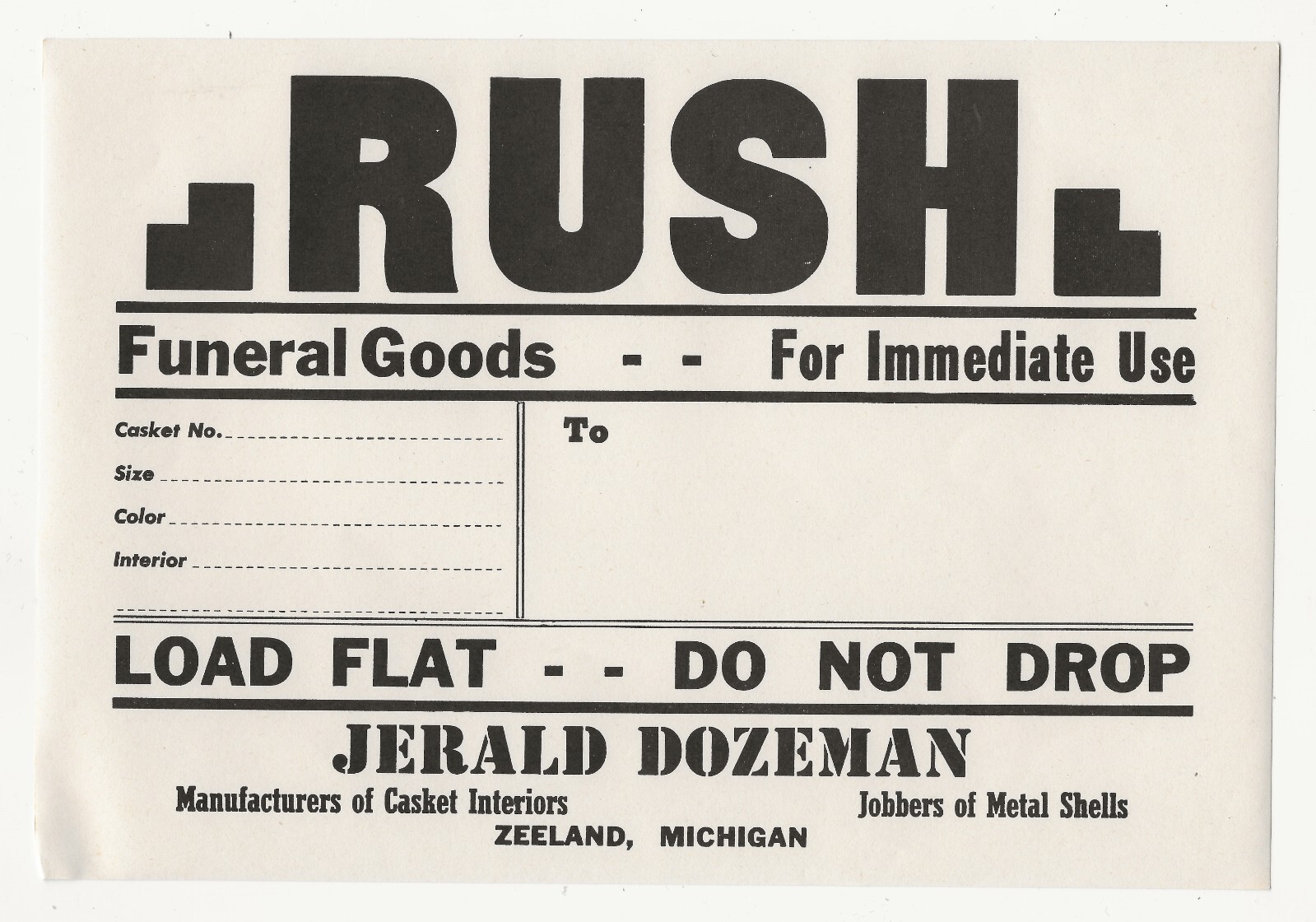 Funeral casket label decal, Jerald Dozeman, Zeeland, Michigan; history