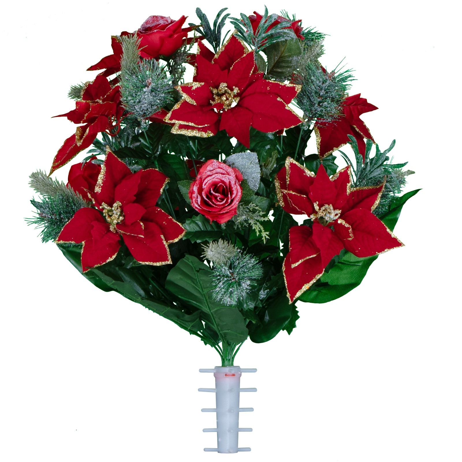 Artificial Cemetery Flowers – Red Poinsettias and Roses with Glitter Bouquet
