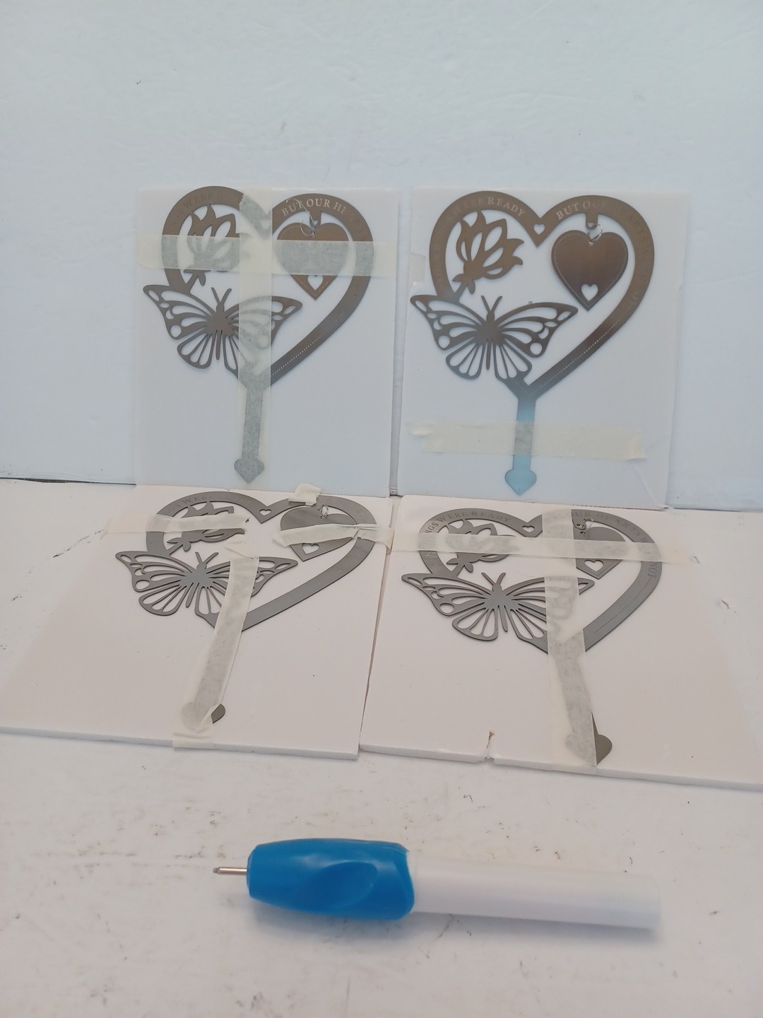 4-Memorial Cemetary Grave Markers Heart/Butterfly Plaque Stakes S/S SEE PHOTO
