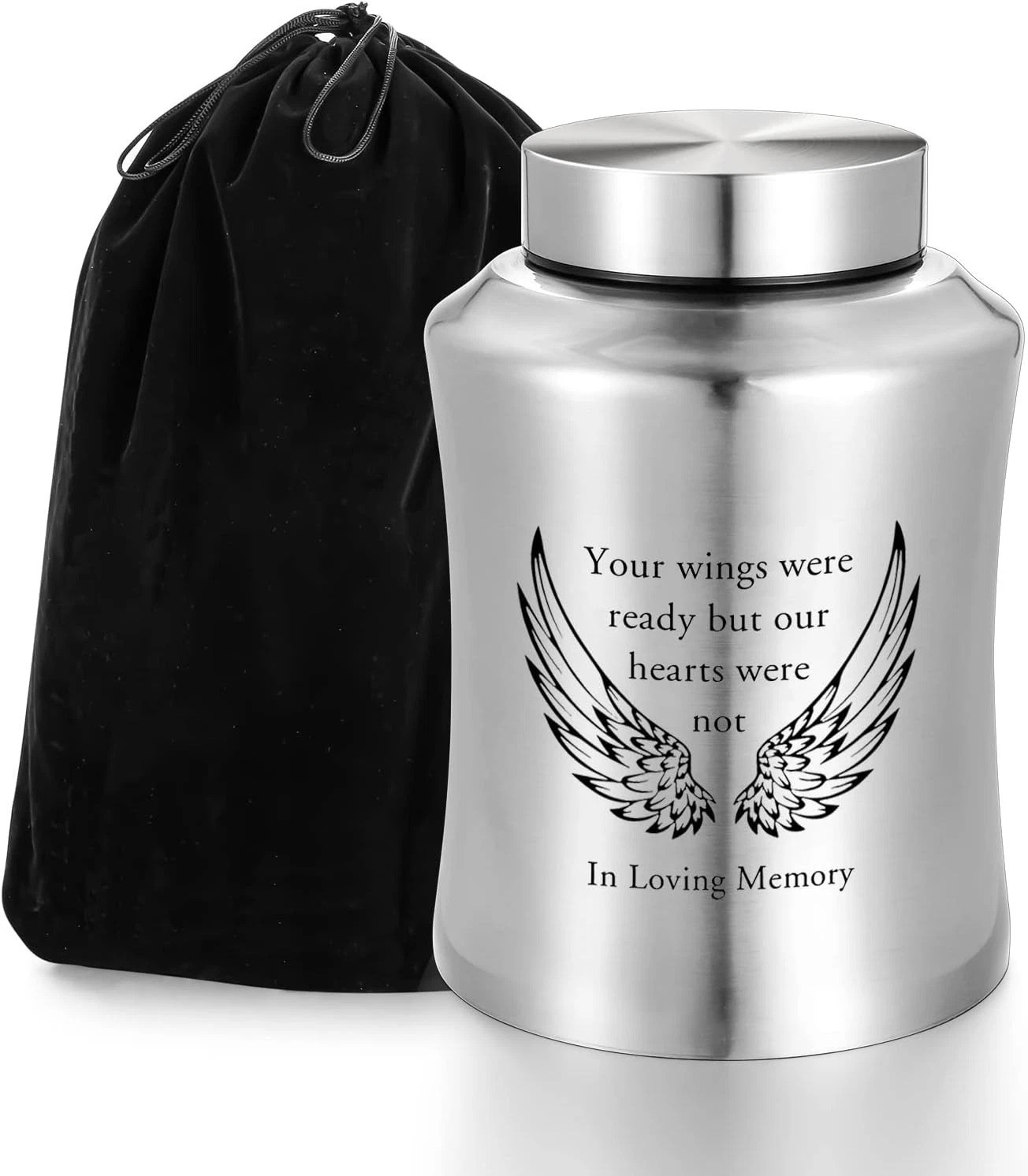 Large Stainless Steel Cremation Urn for Adults with Wings Engraving Silver