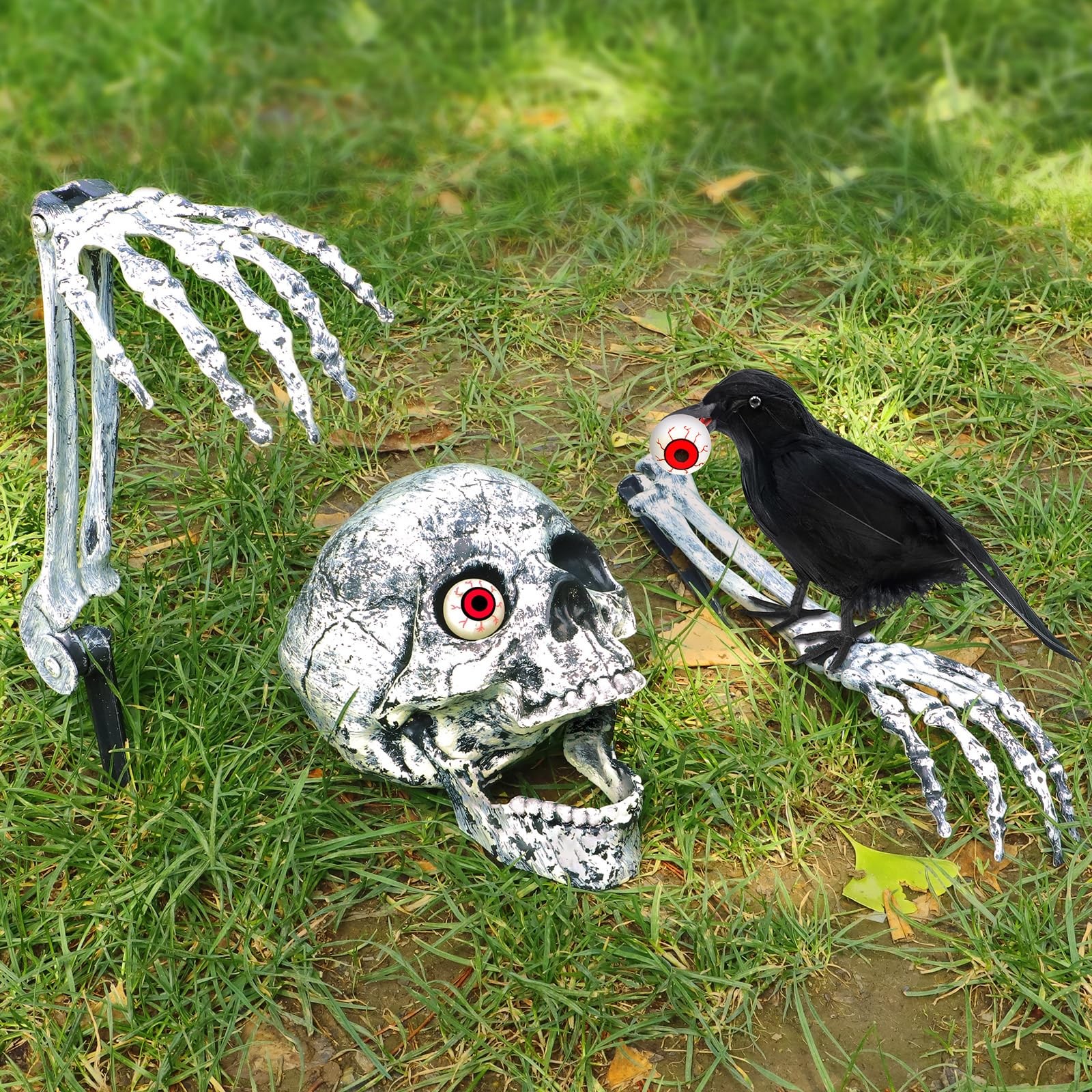 Halloween Decorations Outdoor Realistic Skeleton Hands and Head with Crow Red