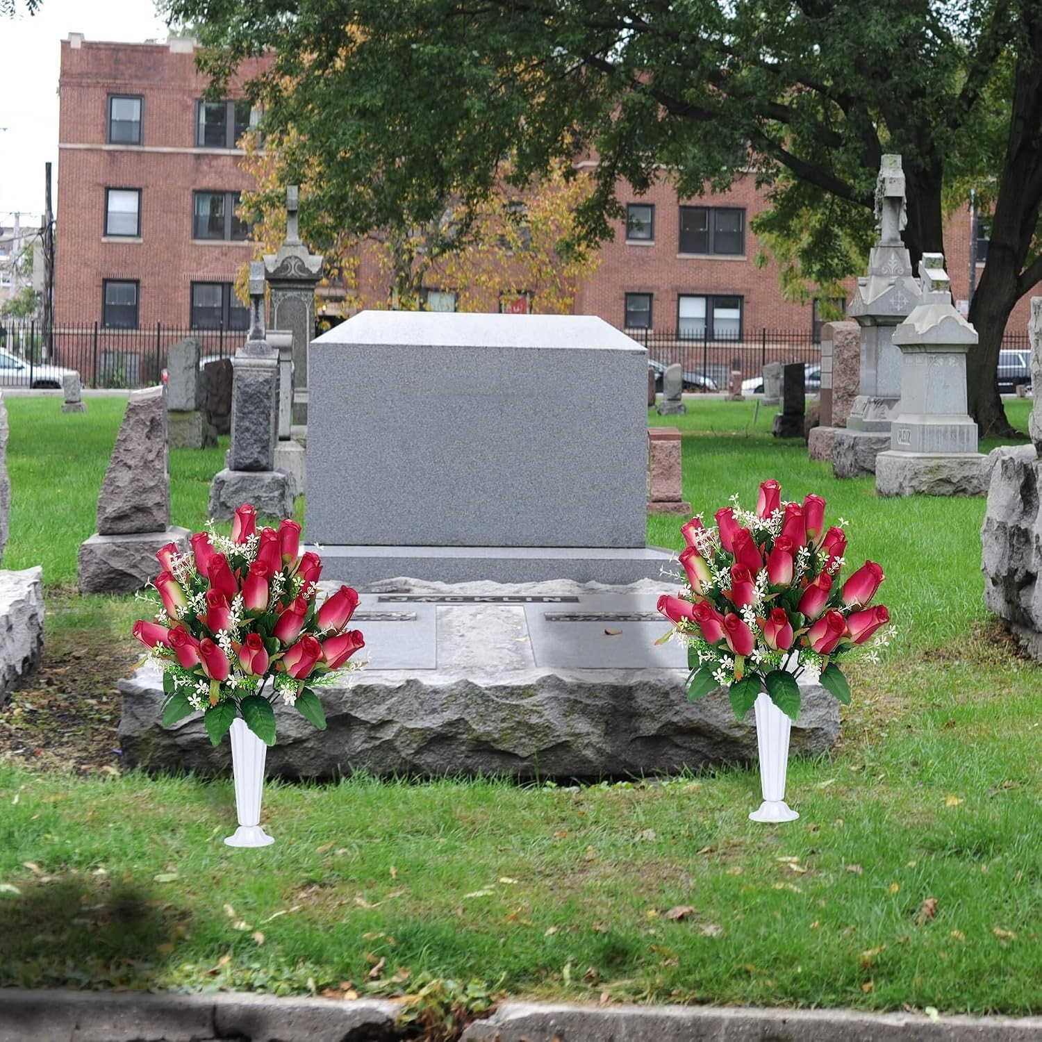 Forever Blooming Pink Rose Grave Decorations – Durable Outdoor Floral Set