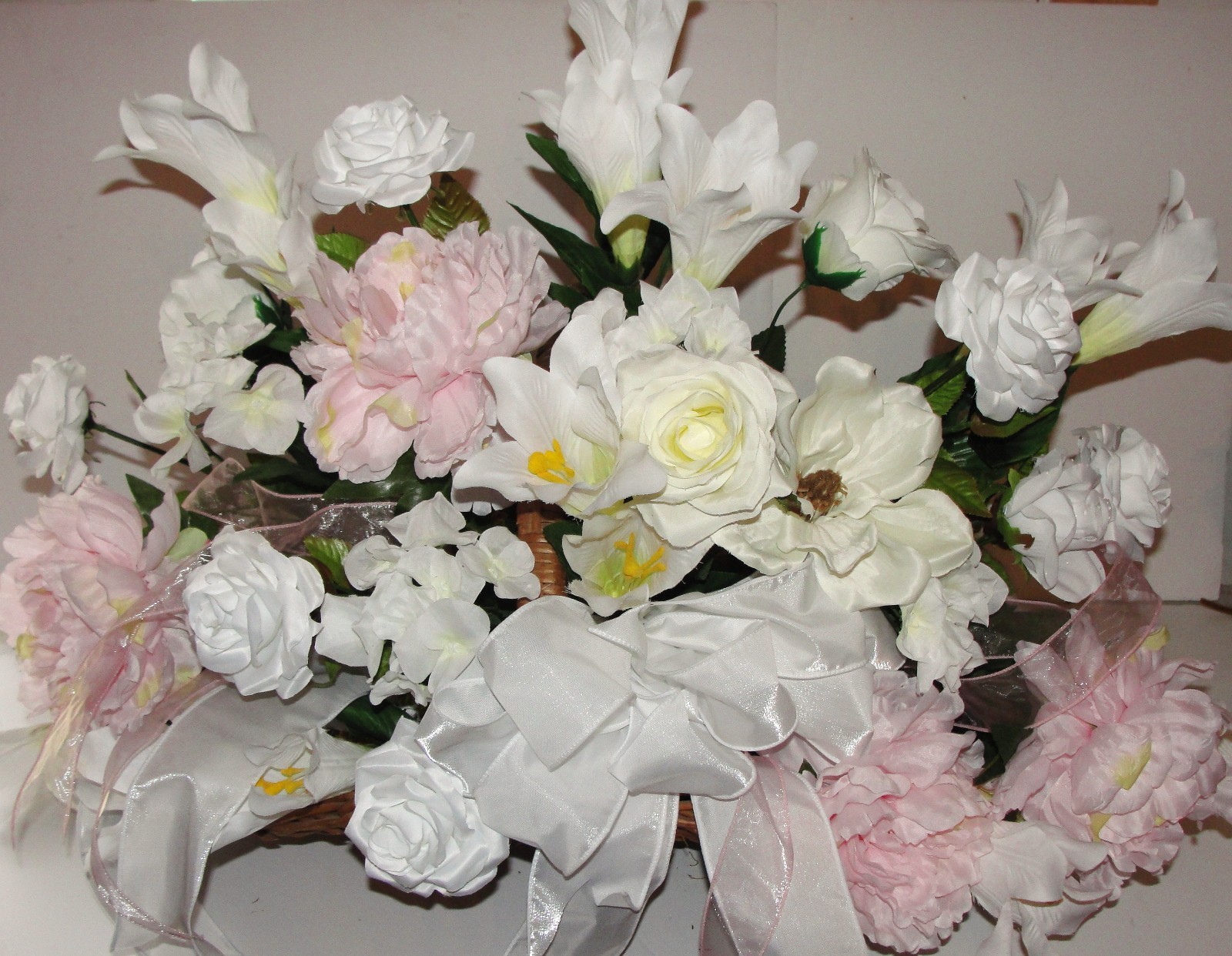 Funeral Fireside Basket Roses Baby Soft Pink Peony Memorial Sympathy Silk Flower