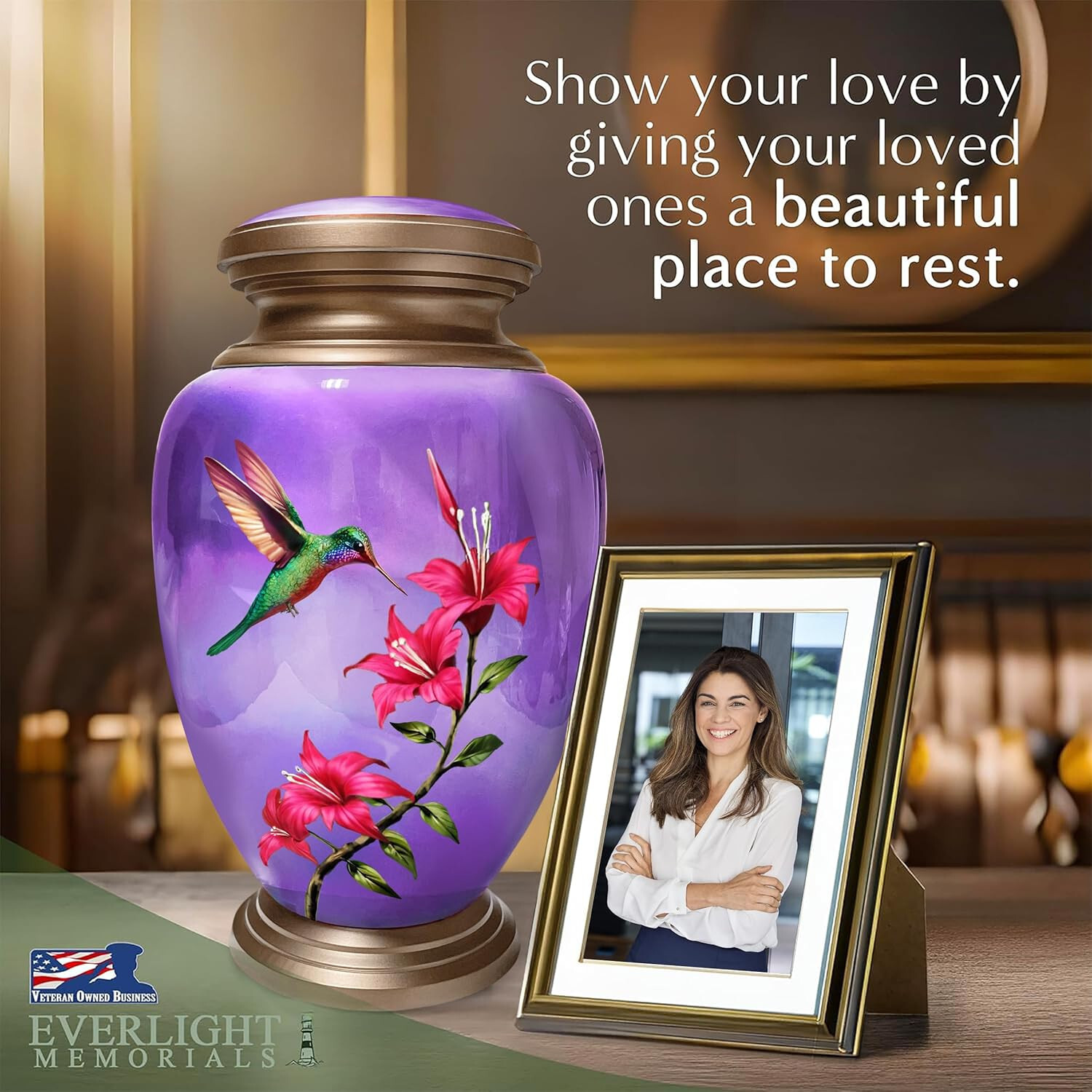 Handcrafted Urn for Ashes Men & Women, 11.25″x7″, Purple with Green Hummingbird