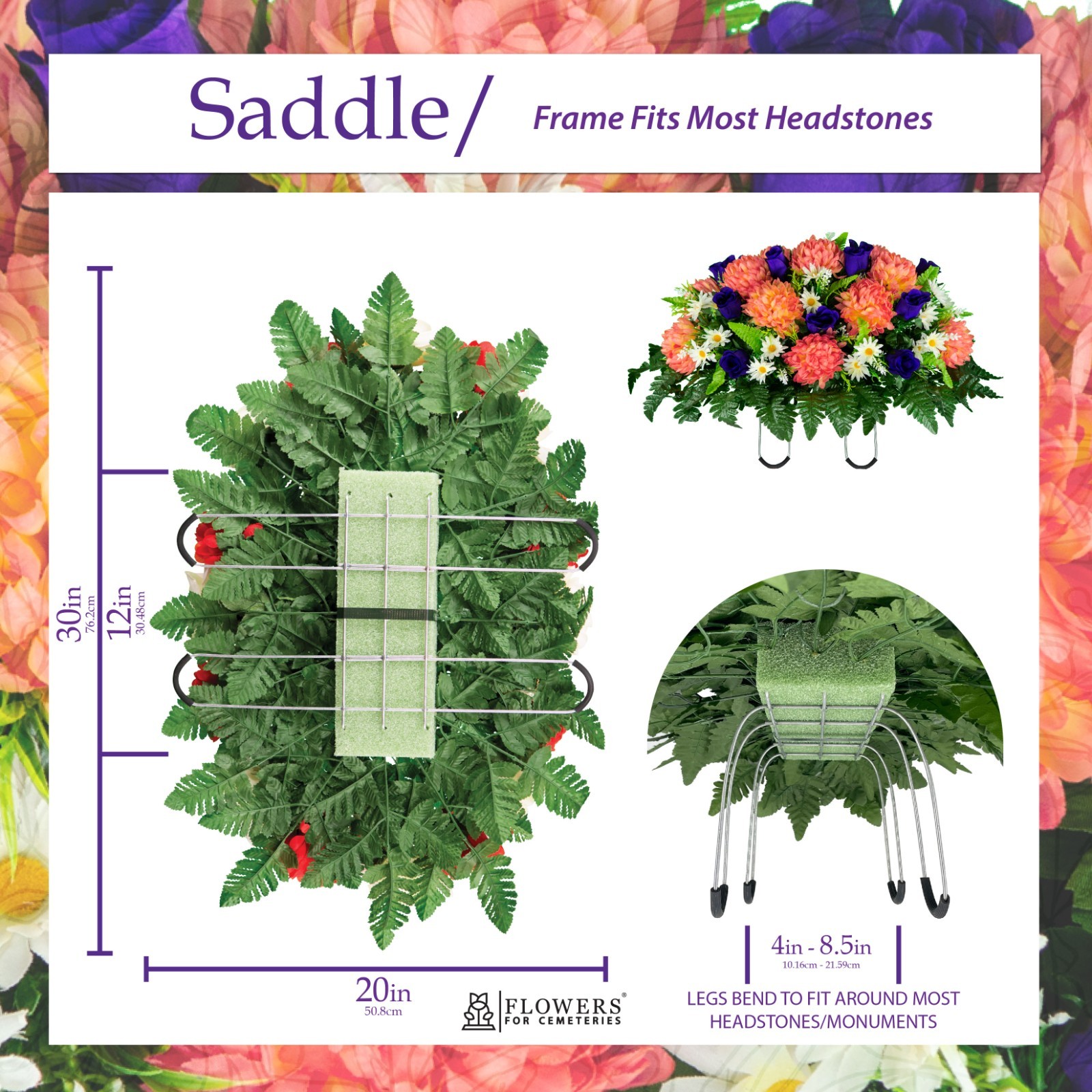 Artificial Cemetery Flowers – Salmon Pink Mum and Purple Rose Bouquet & Saddle