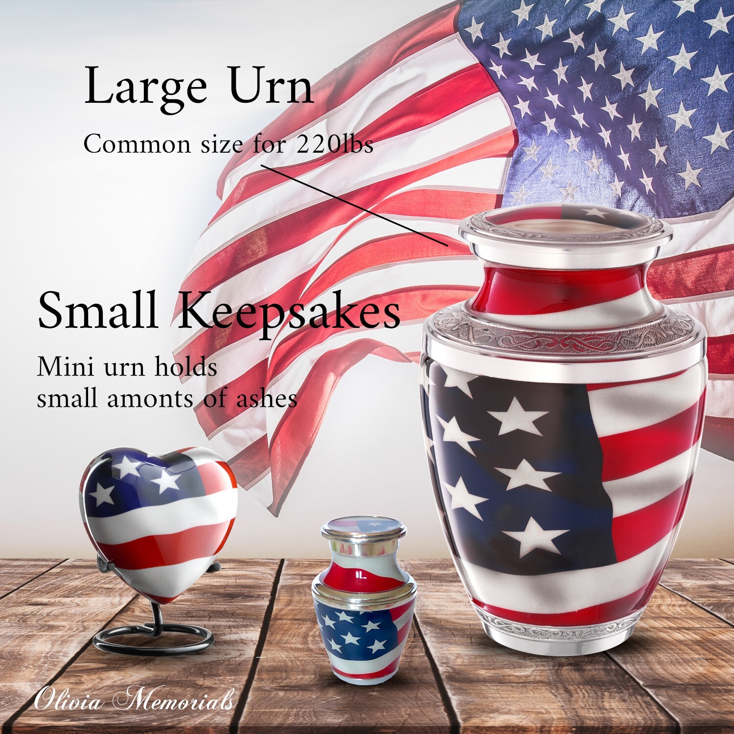 Small American Flag Urn for Ashes – Veteran Keepsake Urn Heart Shape with stand