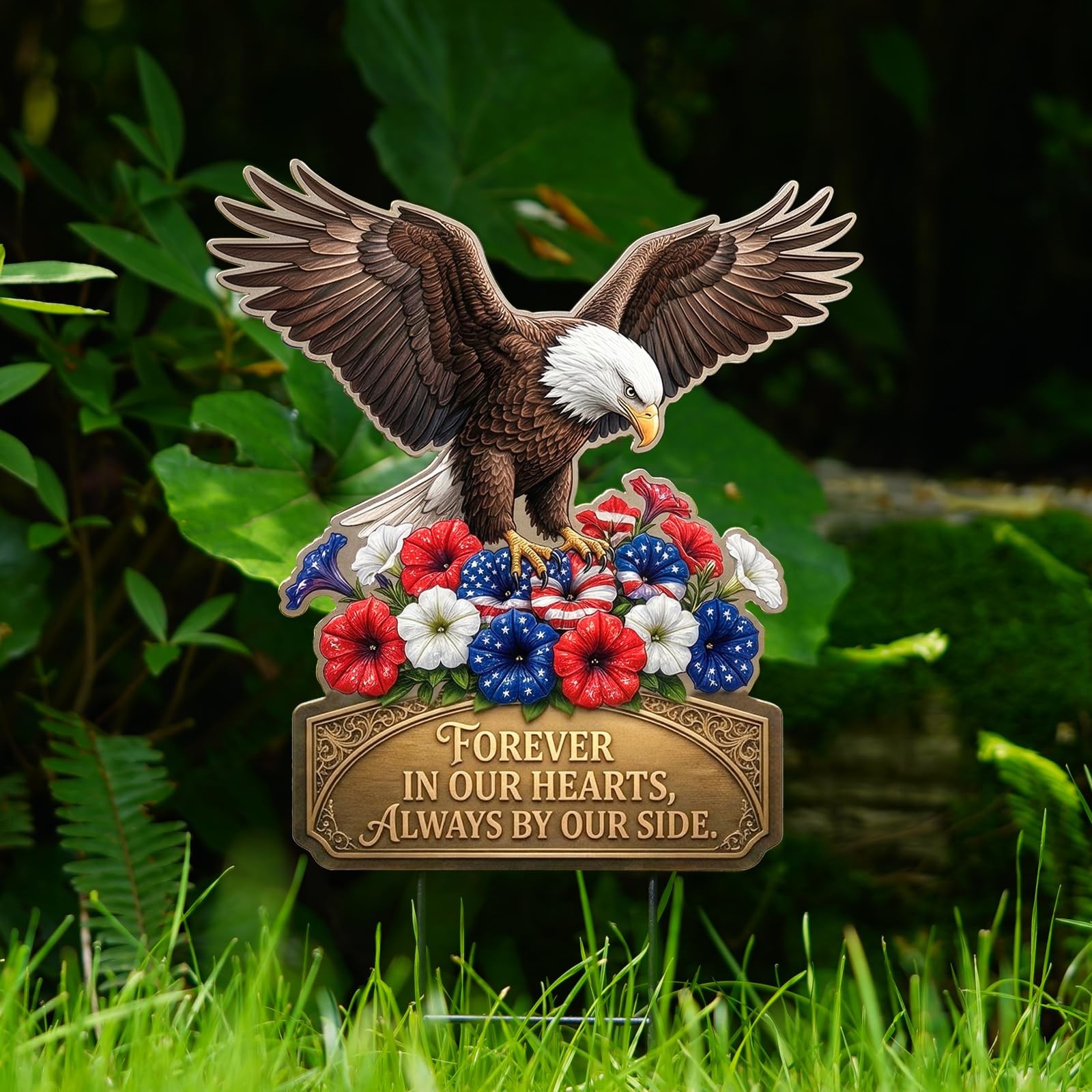 20″ Patriotic Eagle Garden Stake Memorial Decor – Metal Forever in Our Hearts…