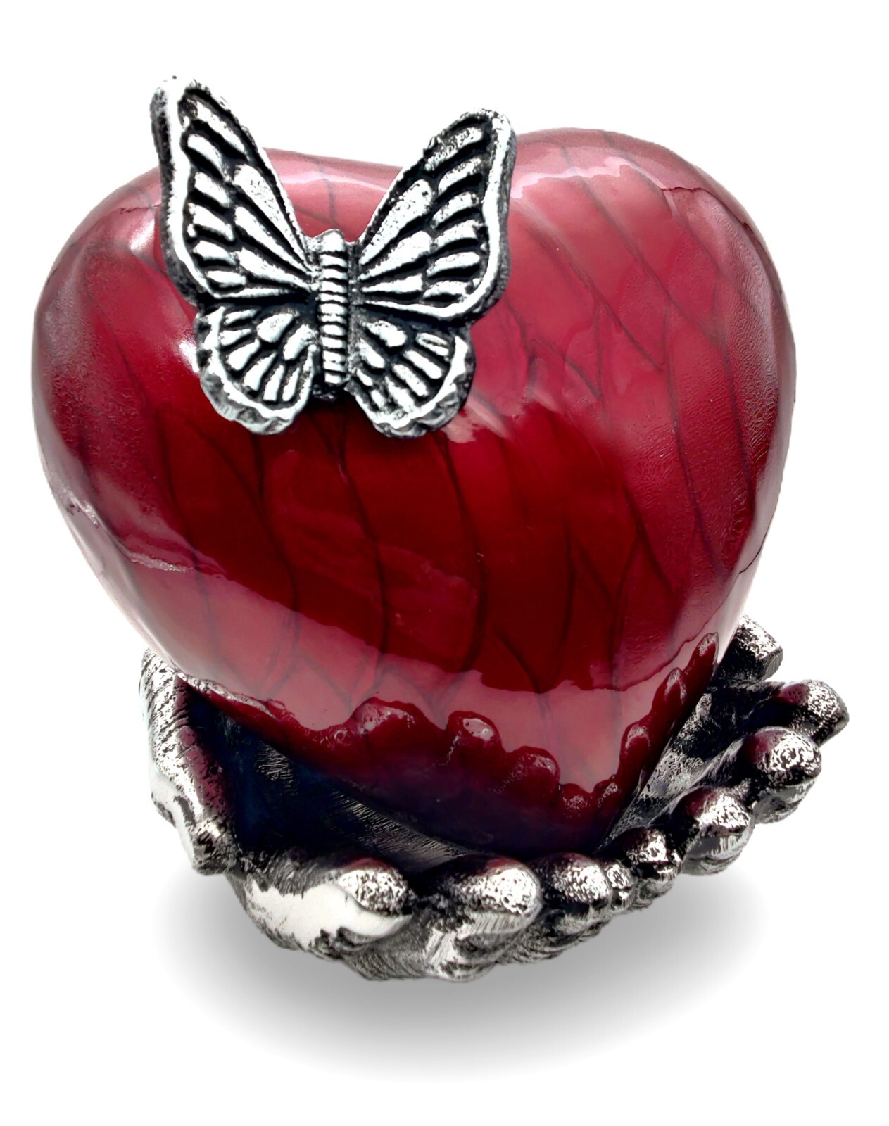 RED Butterfly Heart Cremation Urn for Ashes with Hand Shape Stand Memorial