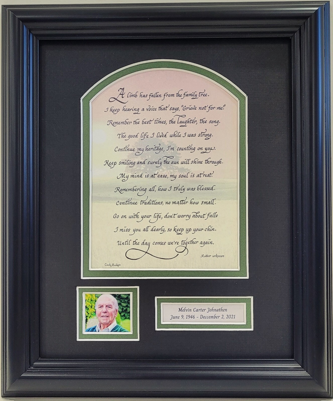 A limb has fallen from the family tree sympathy memorial framed calligraphy poem