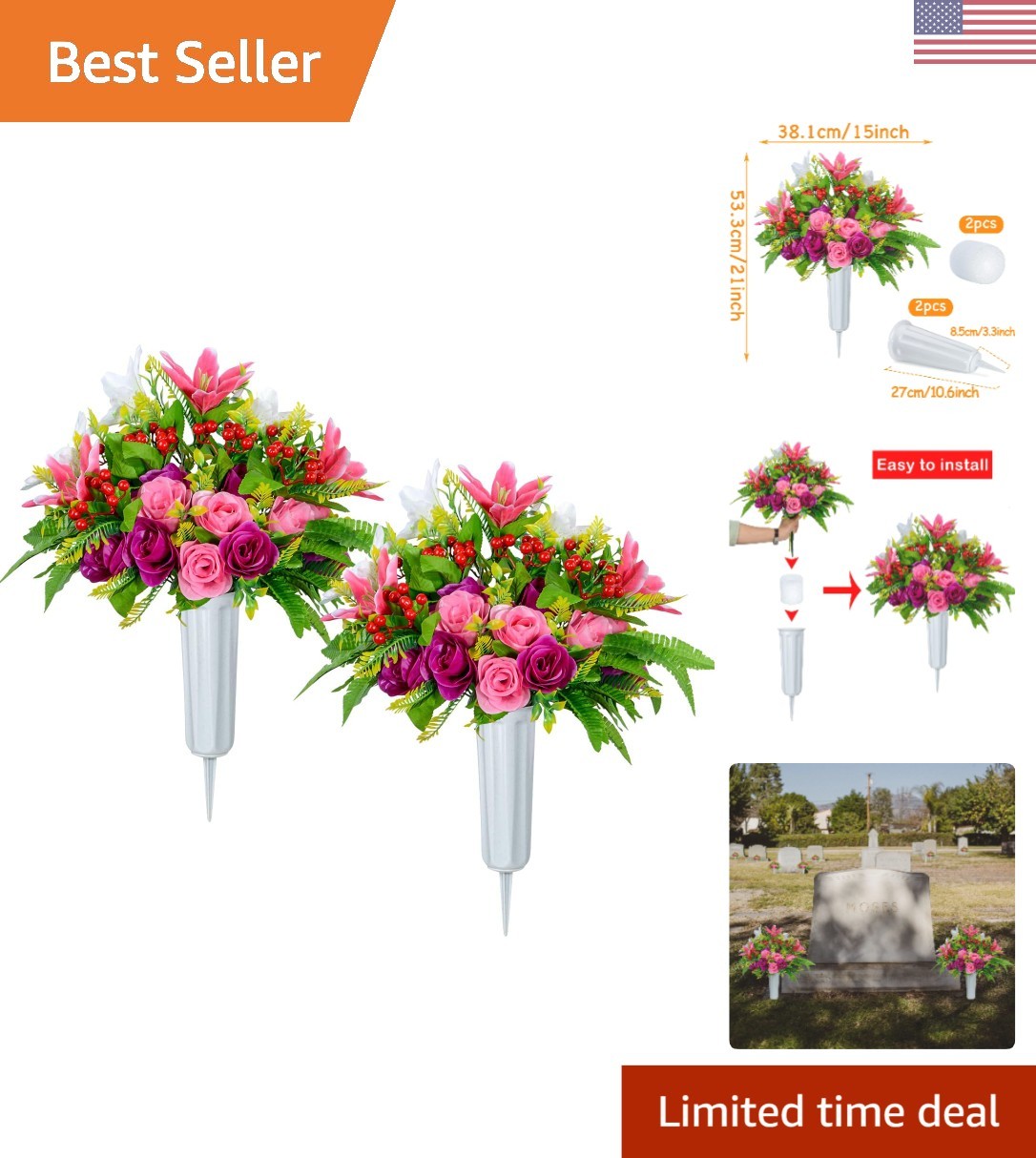 Set of 2 Water-Resistant Artificial Cemetery Flowers with Vase for Memorials