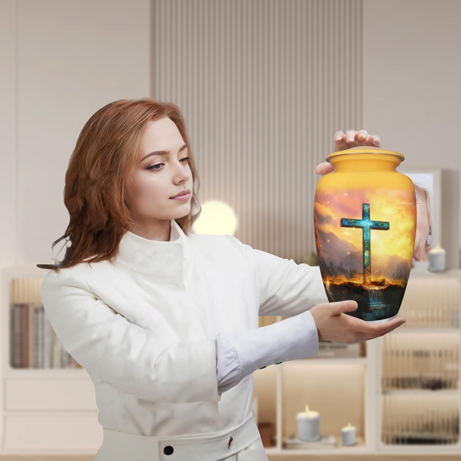 Elegant Golden Galaxy Cremation Urn with Religious Cross for Adults