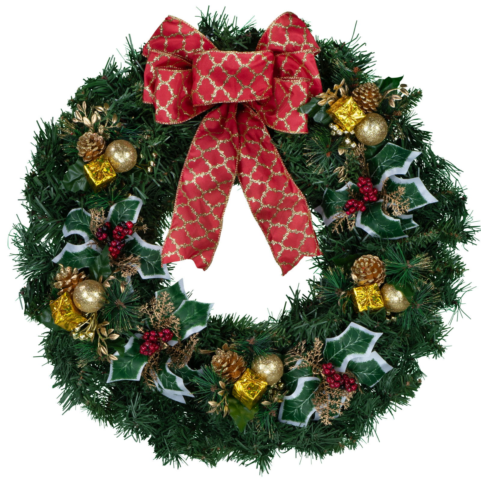 Artificial Wreath – Gold Packages and Holly with Red Glitter Bow and Door Hanger