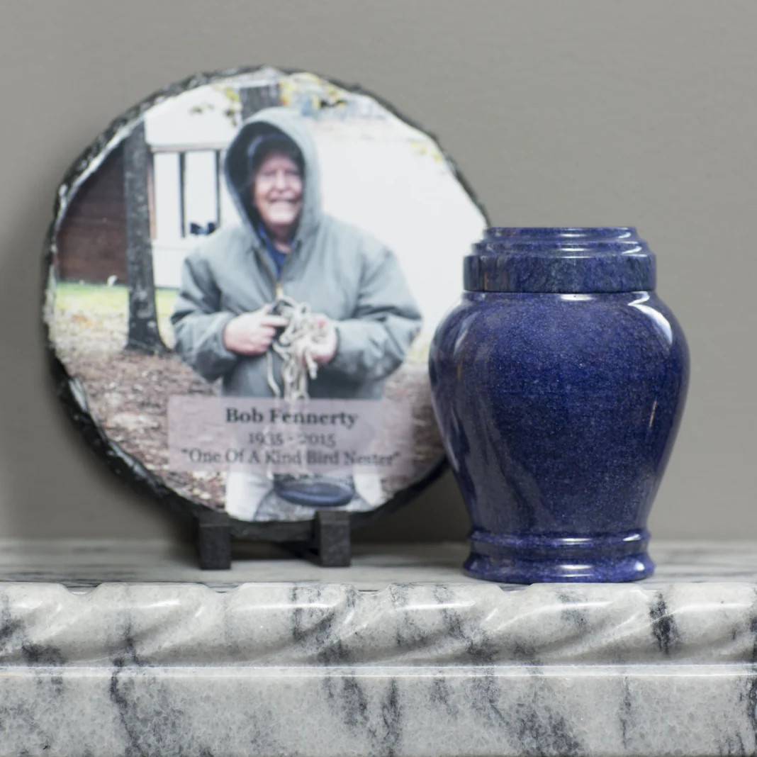 Small/Keepsake 15 Cubic Inch Blue Embrace Funeral Cremation Urn for Ashes