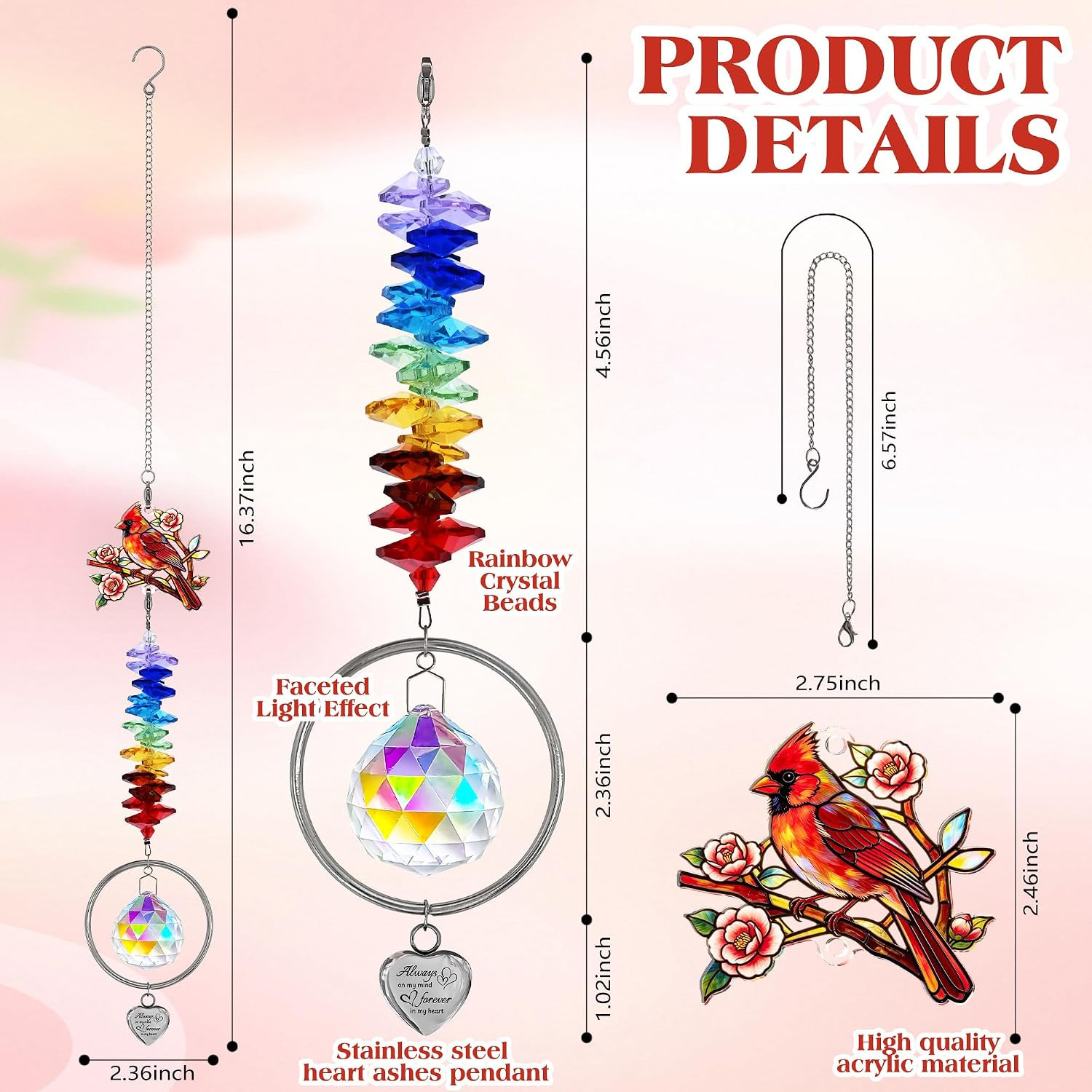 Cardinal Memorial Acrylic Suncatcher with Ashes Keepsake Urn,Crystal Hanging Orn